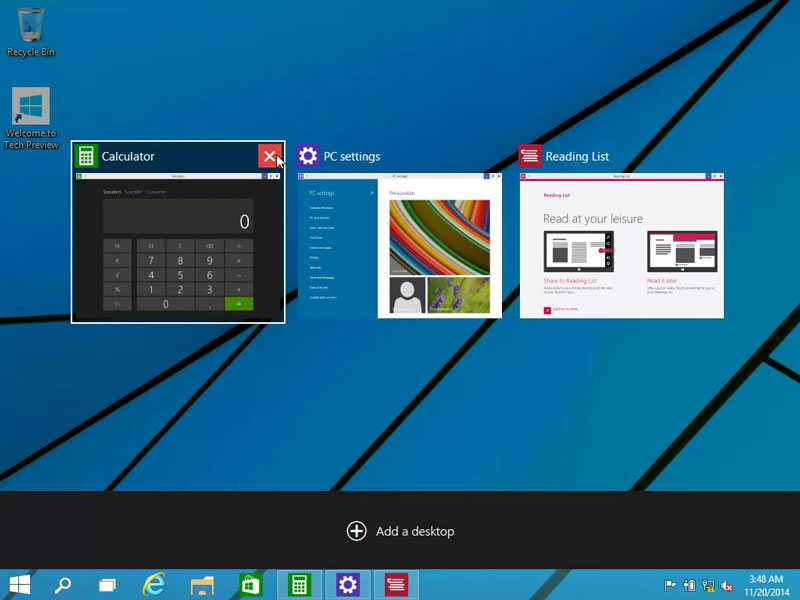 Task view interface in Windows 10