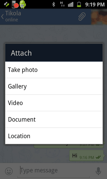 Attach photos and other files in Telegram for Android