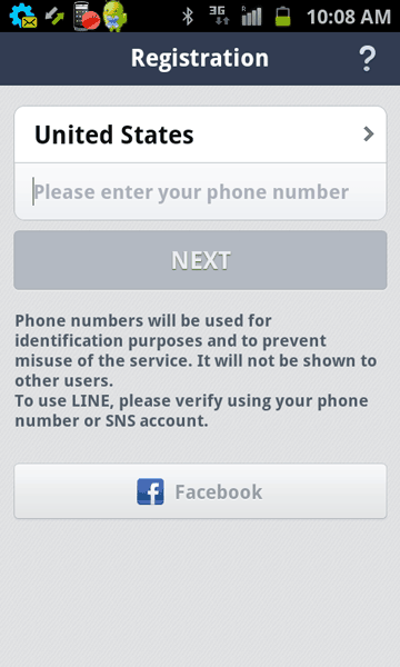 Select country and phone number in Line on Android