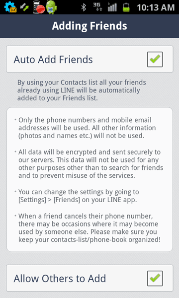 Settings for auto add friends in Line app