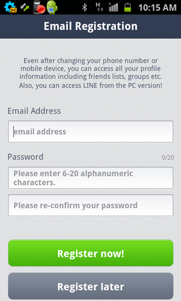 Register email in Line on Android