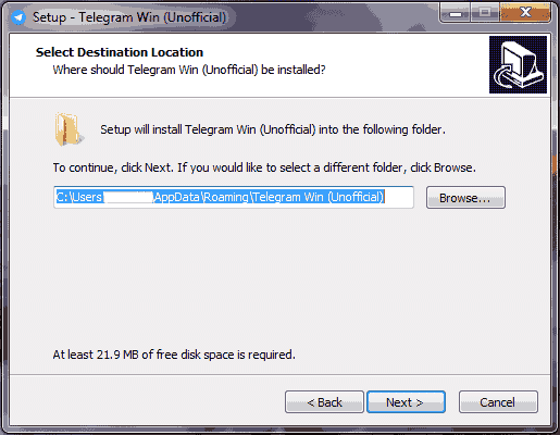 Select destination for installing Telegram on Windows