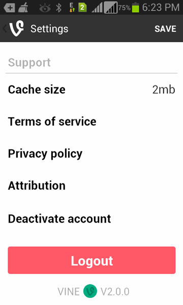 Deactivate account at the bottom in Vine app on Android 