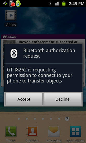 choose Bluetooth authorization request on the receiving Android device