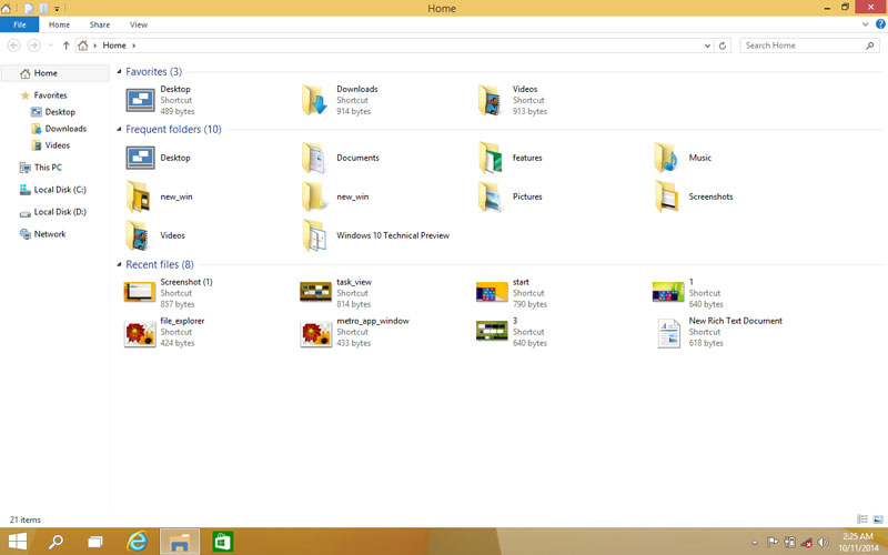 Windows 10 File explorer feature shows Recent files and Frequent folders