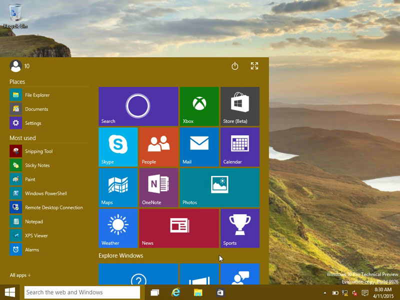Windows 10 minimum requirements - Start menu
