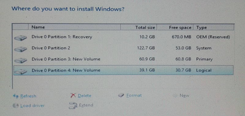 Choose the new partition created for installing Windows 10